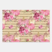 ピンクの秋秋のカボチャと水彩の花 ラッピングペーパーシート (正面3)