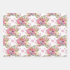 ピンクの秋秋のカボチャと水彩の花 ラッピングペーパーシート