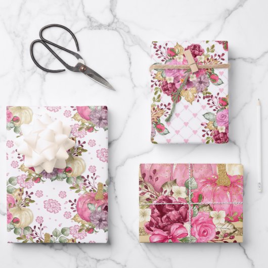 ピンクの秋秋のカボチャと水彩の花 ラッピングペーパーシート (正面)