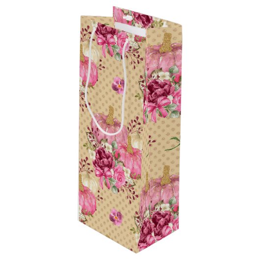 ピンクの秋秋のカボチャと水彩の花 ワインギフトバッグ (正面アングル)