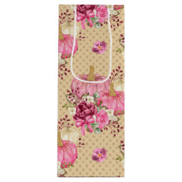 ピンクの秋秋のカボチャと水彩の花 ワインギフトバッグ