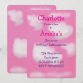 ピンクの空とふわふわの雲の誕生日 招待状 (正面/裏面)