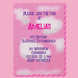 ピンクの空とフワフワの雲の誕生日 招待状