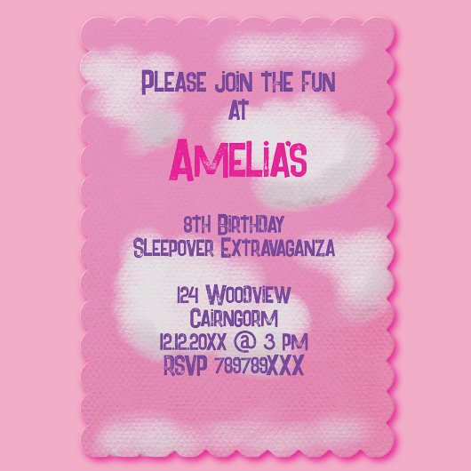 ピンクの空とフワフワの雲の誕生日 招待状