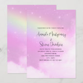 ピンクの空にレモンイエローの虹のウェディング 招待状 (正面/裏面)