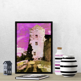 ピンクの空のシュールレアリストの水彩下でうずくまる ポスター