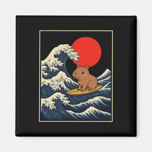 ピンクの空の下で波乗りするCapyra 楽しい夏のTシャツ マグネット (正面)