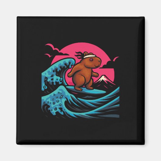 ピンクの空の下で波乗りするCapyra 楽しい夏のTシャツ マグネット (正面)