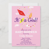 ピンクの空の凧ガールベビーシャワー 招待状 (正面)