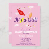 ピンクの空の凧ガールベビーシャワー 招待状 (正面/裏面)