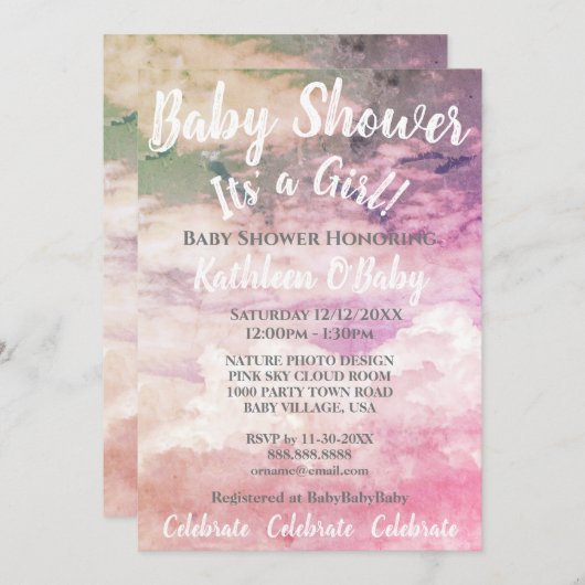 ピンクの空の雲の写真ベビーガールシャワー招待状 招待状 (正面/裏面)