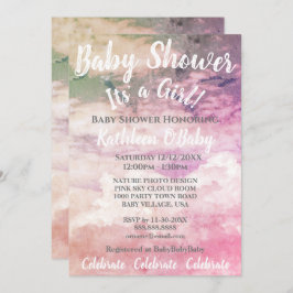 ピンクの空の雲の写真ベビーガールシャワー招待状 招待状