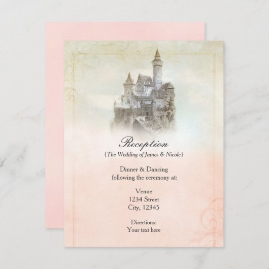 ピンクの童話のお城のウェディングパーティー エンクロージャーカード (正面/裏面)