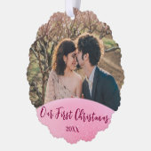 ピンクの第1回クリスマス一緒結婚したにカスタムの写真 オーナメントカード (左)
