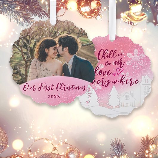 ピンクの第1回クリスマス一緒結婚したにカスタムの写真 オーナメントカード