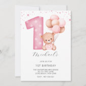 ピンクの第1誕生日、テディベア 招待状 (正面)