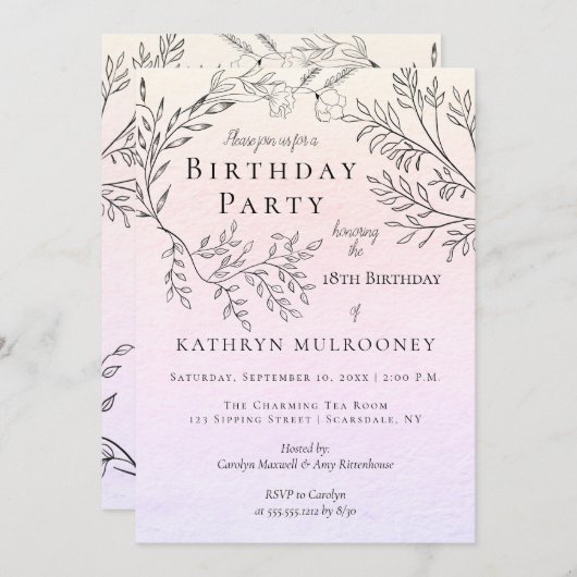 ピンクの第18誕生会の可憐な花の輪郭 招待状 (正面/裏面)