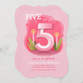ピンクの第5誕生日 招待状 (正面/裏面)