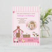 ピンクの納屋のアニマル・ファームの写真の誕生日の招待状 招待状 (スタンド正面)
