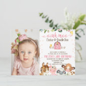 ピンクの納屋の写真 花の農場 動物の誕生日 招待状 (スタンド正面)