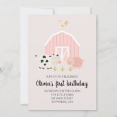 ピンクの納屋の農場動物の誕生日 招待状 (正面)