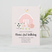 ピンクの納屋の農場動物の誕生日 招待状 (スタンド正面)