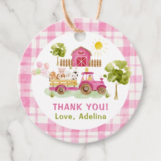 ピンクの納屋周囲の庭農業動物の誕生日 フェイバータグ (正面)