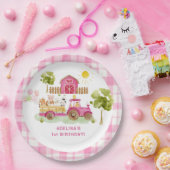 ピンクの納屋周囲の庭農業動物の誕生日 ペーパープレート (パーティー)