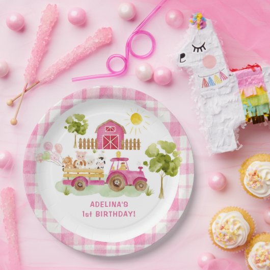 ピンクの納屋周囲の庭農業動物の誕生日 ペーパープレート (パーティー)