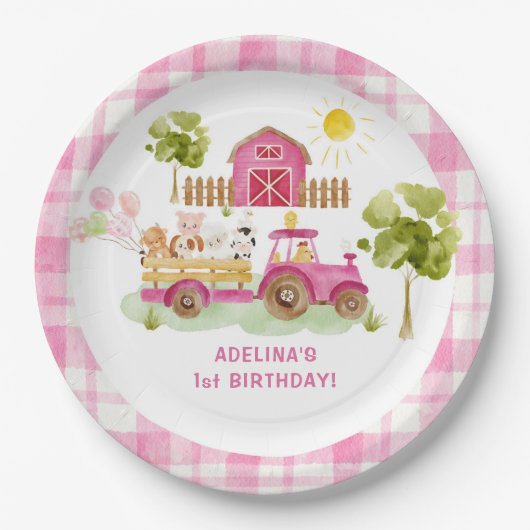 ピンクの納屋周囲の庭農業動物の誕生日 ペーパープレート (正面)