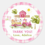 ピンクの納屋周囲の庭農業動物の誕生日 ラウンドシール (正面)