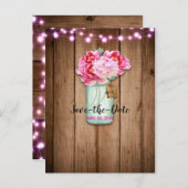 ピンクの紐イルミネーション & メイソンジャー バーン セーブ・ザ・デート 案内ポストカード (正面/裏面)