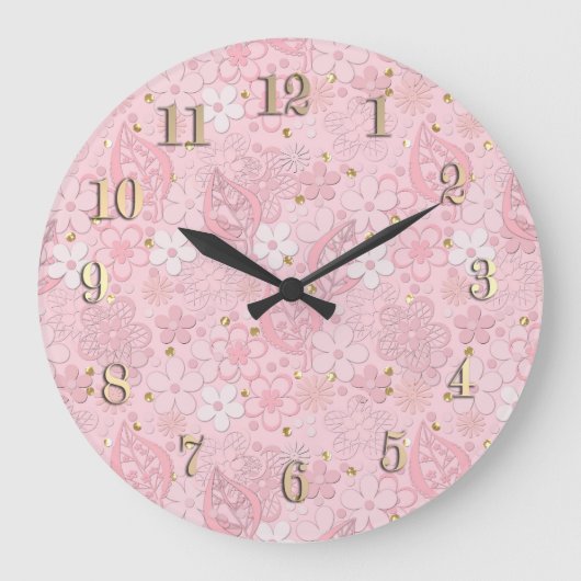 ピンクの紙の花 ラージ壁時計 (正面)