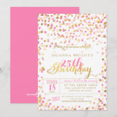 ピンクの紙吹雪とゴールドフォイルの誕生日パーティー 招待状 (正面/裏面)