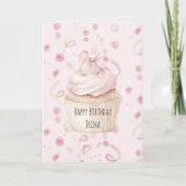 ピンクの紙吹雪のカップケーキのリボンの誕生日 カード (正面)