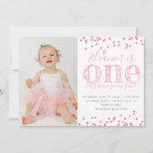 ピンクの紙吹雪の最初の誕生日パーティーの写真 招待状 (正面)