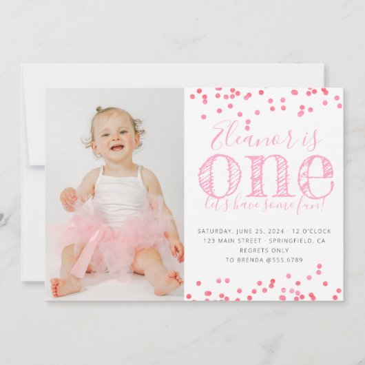 ピンクの紙吹雪の最初の誕生日パーティーの写真 招待状 (正面)
