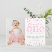 ピンクの紙吹雪の最初の誕生日パーティーの写真 招待状 (スタンド正面)