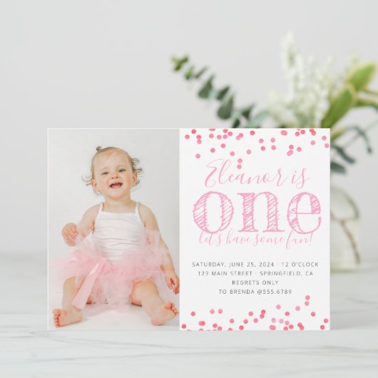 ピンクの紙吹雪の最初の誕生日パーティーの写真 招待状 (スタンド正面)