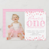 ピンクの紙吹雪の最初の誕生日パーティーの写真 招待状 (正面/裏面)
