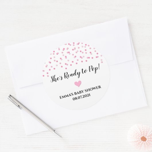 ピンクの紙吹雪ハートの準備が整ったポップ・アートの ラウンドシール (封筒)