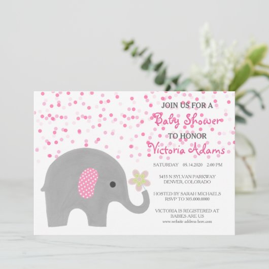 ピンクの紙吹雪象の女の赤ちゃんのシャワーの招待状 招待状 (スタンド正面)