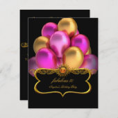 ピンクの素晴らしいブラック金ゴールドバルーン誕生日パーティー 招待状 (正面/裏面)