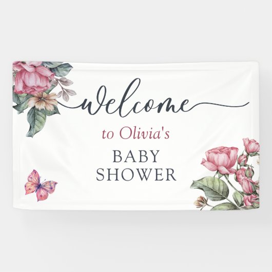 ピンクの素朴なバラフローラへようこそ 横断幕 (横)