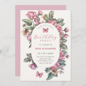 ピンクの素朴なバラフローラ誕生日 招待状 (正面/裏面)