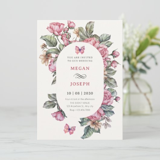 ピンクの素朴なバラ結婚フローラ 招待状 (スタンド正面)