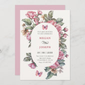 ピンクの素朴なバラ結婚フローラ 招待状 (正面/裏面)