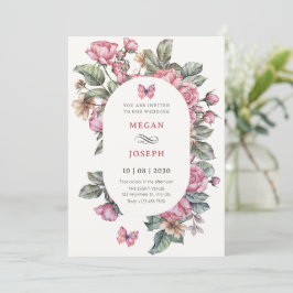 ピンクの素朴なバラ結婚フローラ 招待状