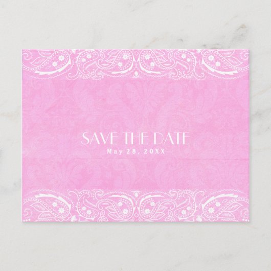 ピンクの素朴なペイズリーカントリーウェスタン セーブ・ザ・デート 案内ポストカード (正面)