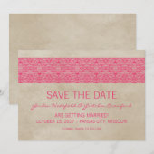 ピンクの素朴なレースの「Save the Date」招待状 招待状 (正面/裏面)